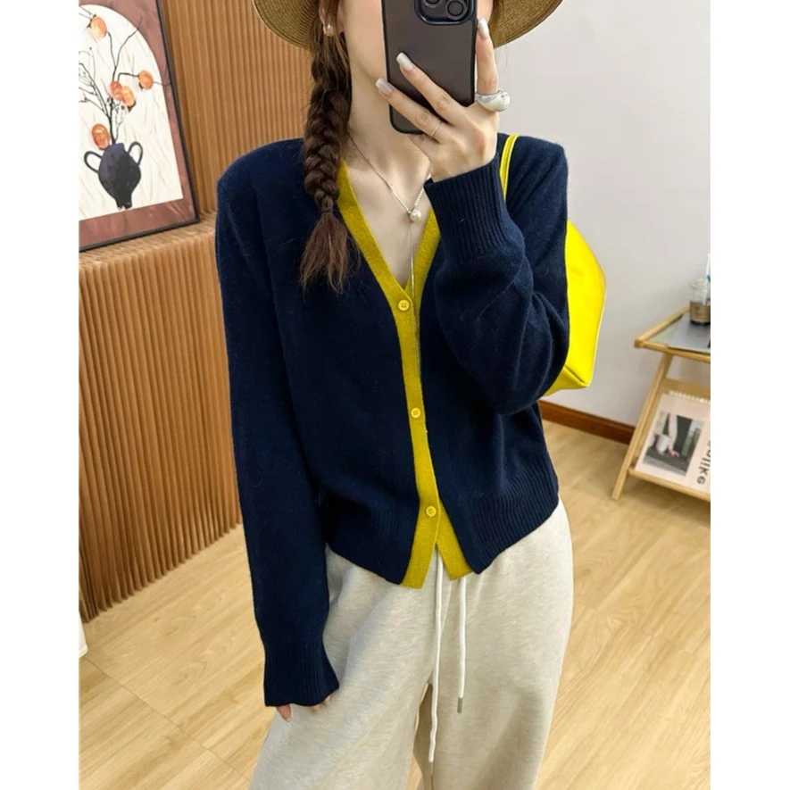 MEIZHENZI【复古松弛】100%绵羊毛|秋冬假两件撞色针织开衫毛衣外套