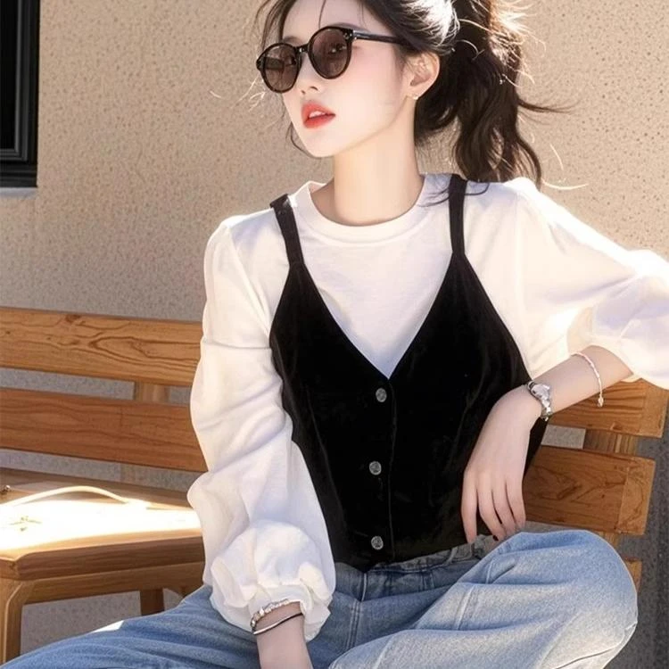 今年流行爆款独特超好看减龄洋气设计感白色撞色拼接假两件上衣春