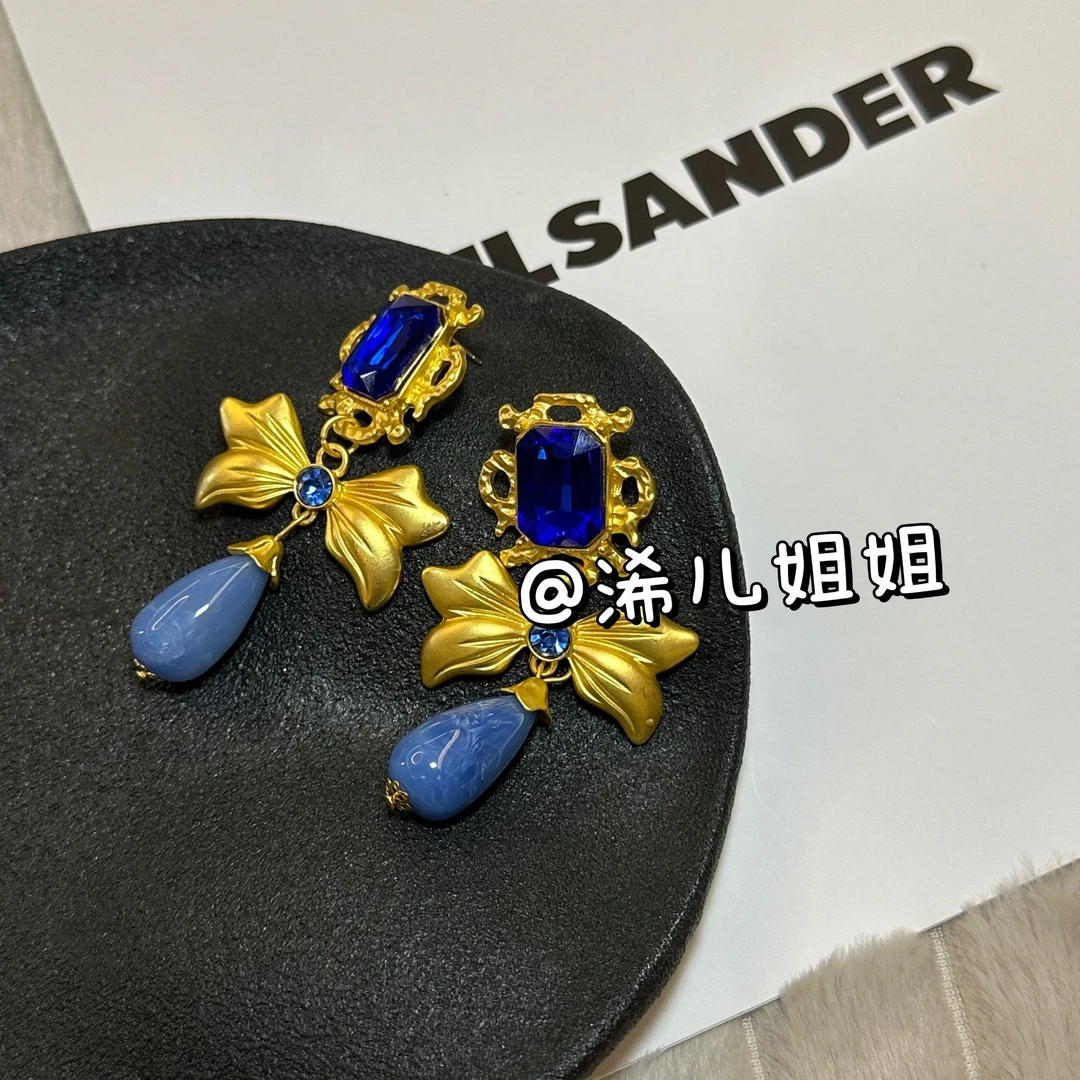 铜合金琉璃耳饰 【浠儿家】中古vintage小众复古西洋蓝色系列耳饰女
