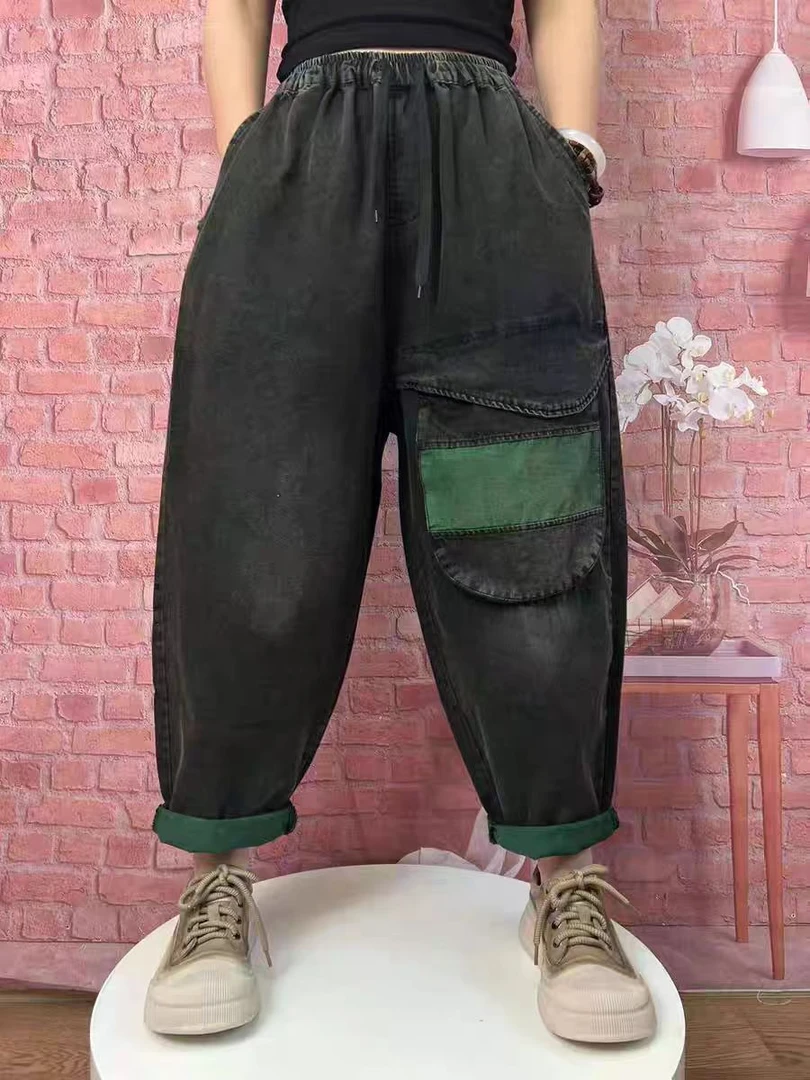 春夏新款牛仔哈伦裤女宽松大码显瘦个性拼色口袋时尚百搭垮裤