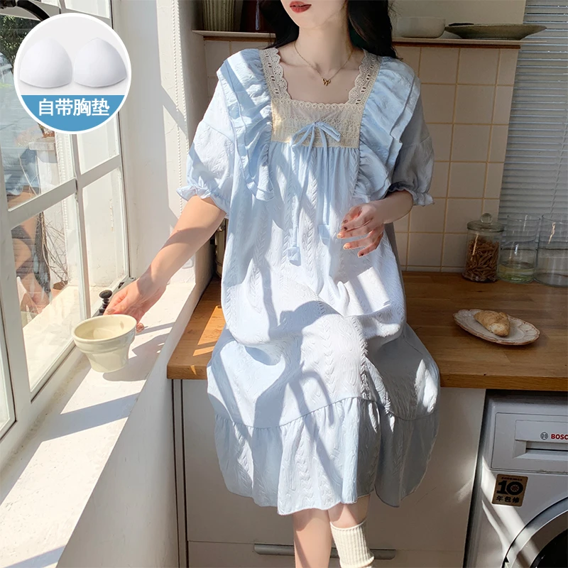 云朵棉睡衣女夏季薄款带胸垫一体甜美公主风短袖睡裙家居服可外穿