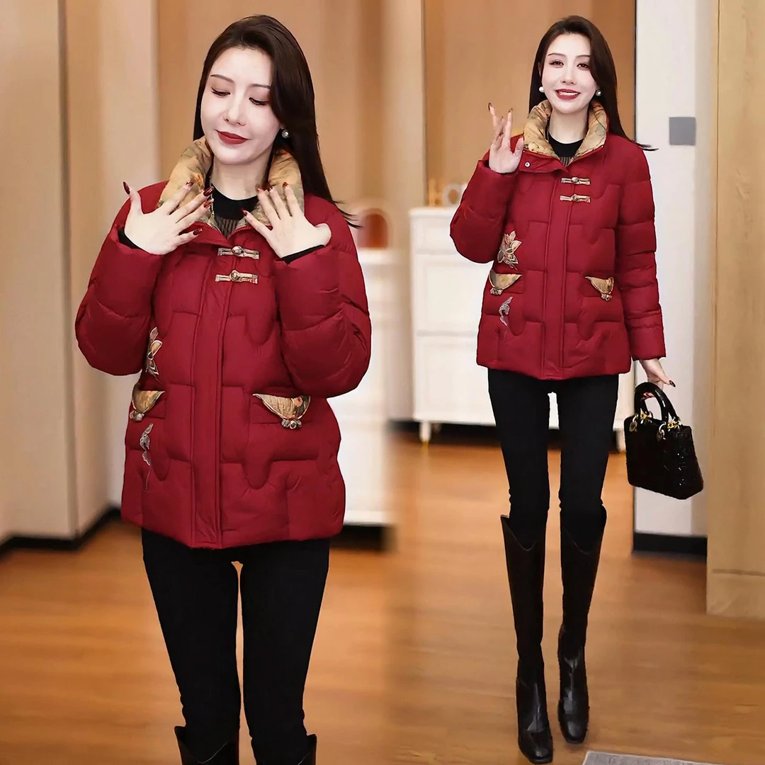 时尚连帽刺绣棉服女2025冬季新款加厚保暖绣花棉衣洋气修身外套潮