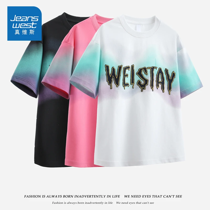 Jeanswest/真维斯夏季潮流百搭舒适圆领T恤男士宽松印花打底上衣