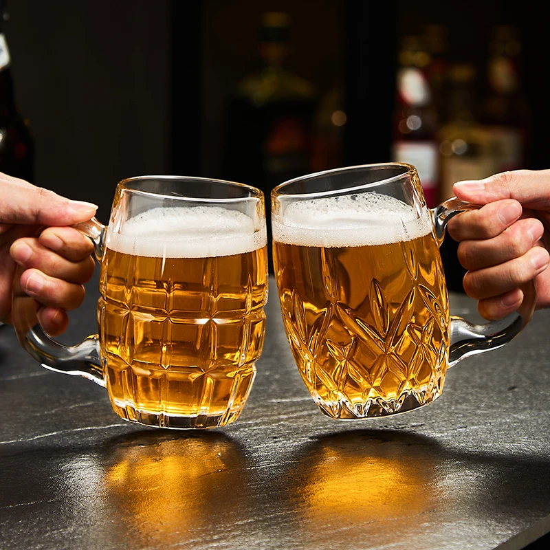 加厚玻璃啤酒杯家用耐高温喝水杯大容量带把精酿小麦扎啤杯冷饮杯