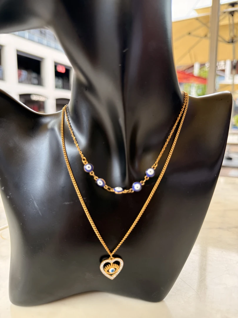 钛钢项链 双层 蓝眼睛 小心心 不掉色不过敏 独特设计 项链
