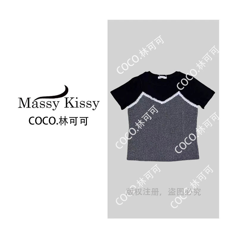YC-【专柜品质】 夏季新款 拼接假两件设计短袖T恤女修身显瘦上衣