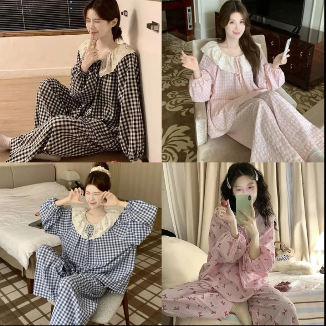 （长袖长裤无胸垫）少女甜美蕾丝花边格子长袖长裤春秋季睡衣家居服