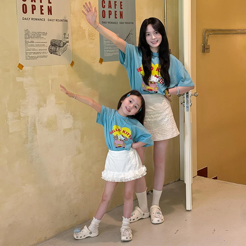 壹妈韩版童装女童夏季多巴胺套装洋气儿童蓝色卡通T恤白色半身裙