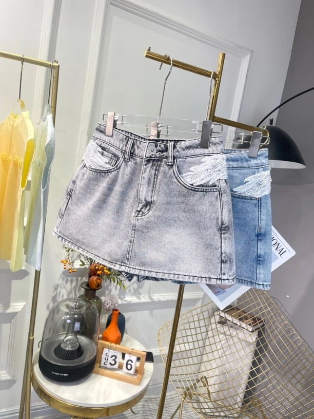 重工钉珠刺绣牛仔半裙女设计感少女感高腰气质烟灰色牛仔热裤裙裤