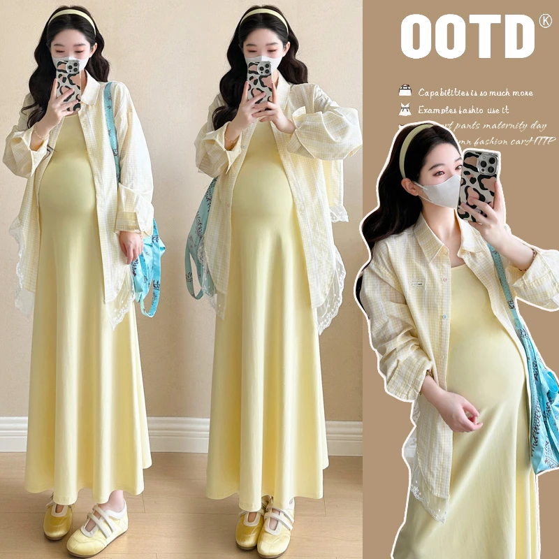 孕妇套装新款2025穿搭套装法式蕾丝拼接防晒衬衫吊带长裙两件套