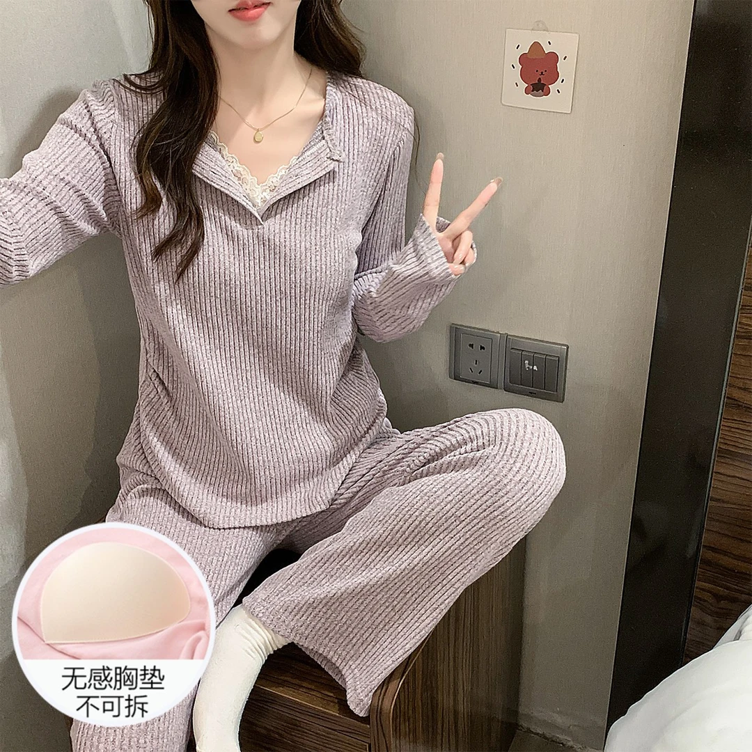 睡衣女秋冬季羊绒长袖保暖带胸垫2025新款大码紫色套装春天家居服