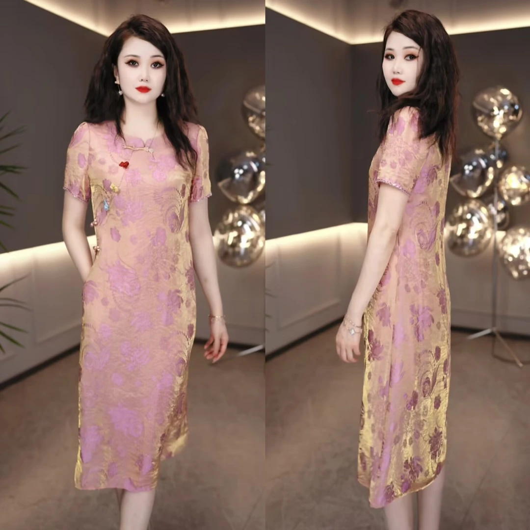 2025夏季时尚国风圆领宽松休闲洋气减龄中长款气质连衣裙M-4XL