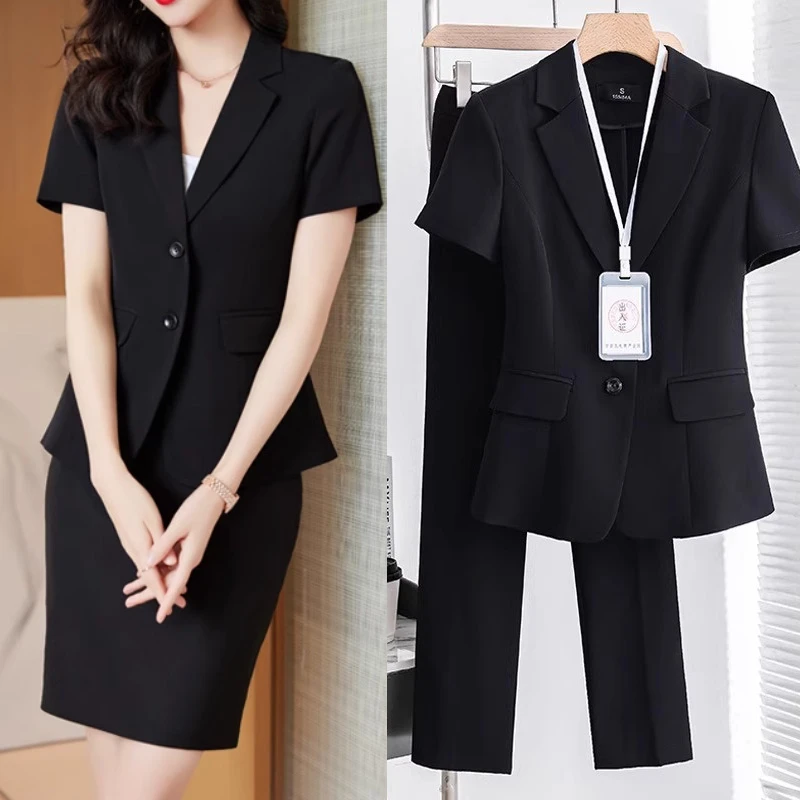 黑色职业套装女气质短袖西服胖mm西装外套大码胖mm酒店前台工作服