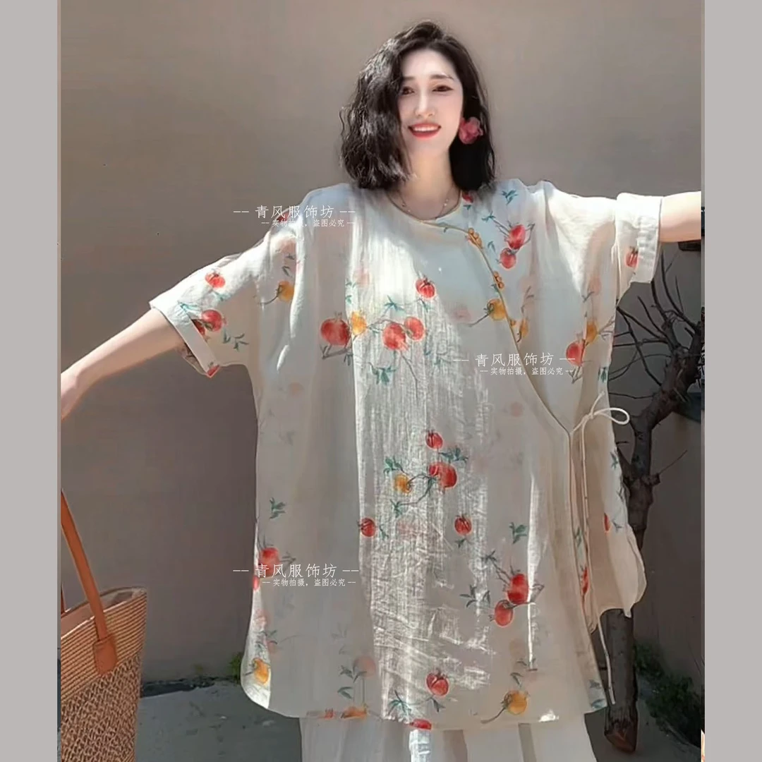 039 圆领中长款拼色中国风苎麻超大版禅意宽松国风大码女装夏季女