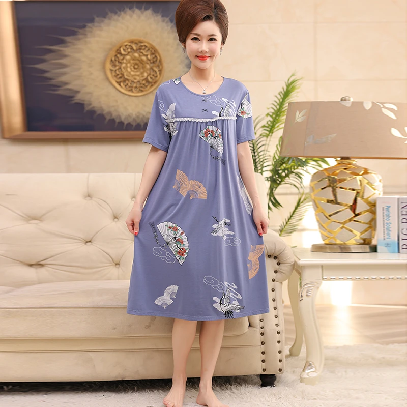 睡裙女夏季短袖莫代尔中长款裙子中老年妈妈薄款大码家居服可外穿