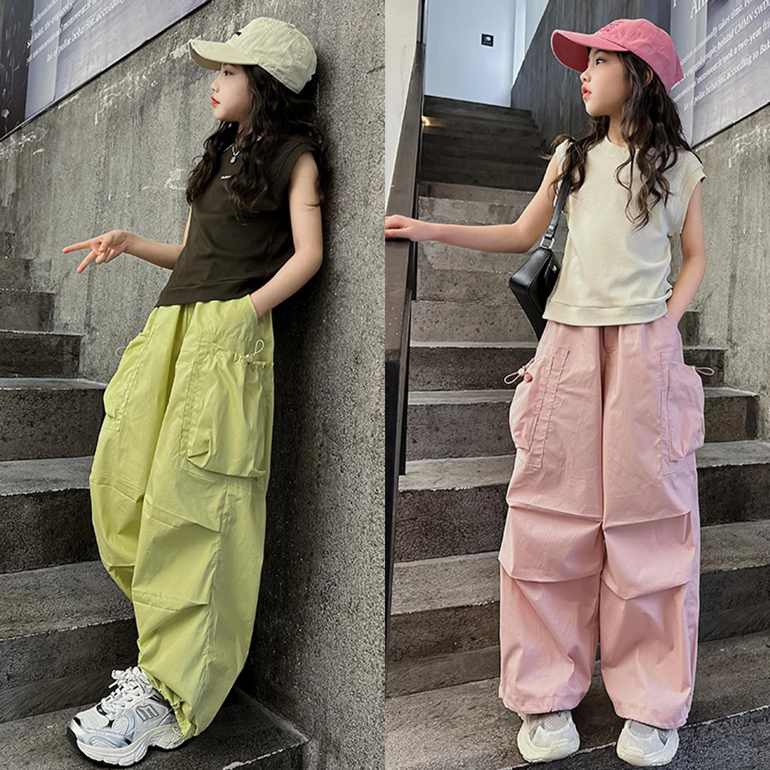范哲萨女童工装裤春秋2025新款儿童潮酷街舞裤子夏季女孩大童粉色