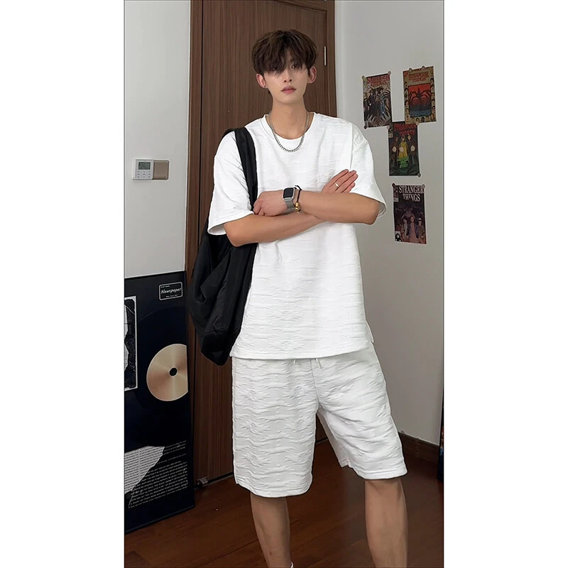 肌理感运动套装男夏季美式重磅短袖t恤短裤青少年白色潮流一整套