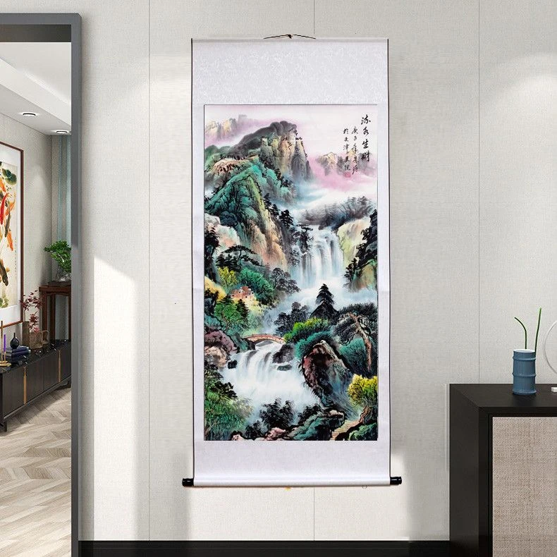 国画纯手绘《流水生财》聚财靠山图山水卷轴装裱170*75公分