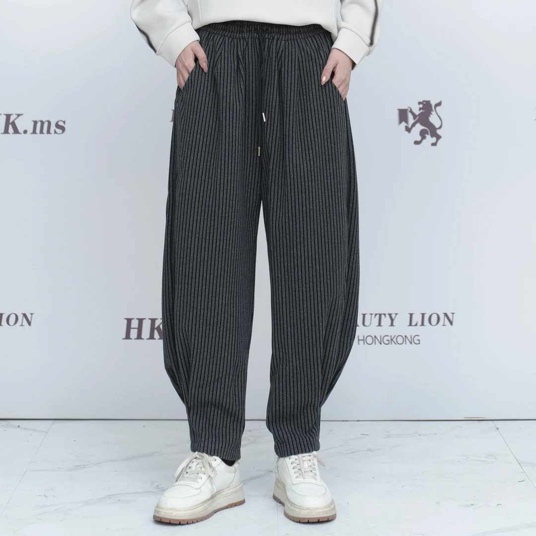 2025H·K美狮潮牌时尚秋冬百搭风抽绳拼接条纹复古休闲裤