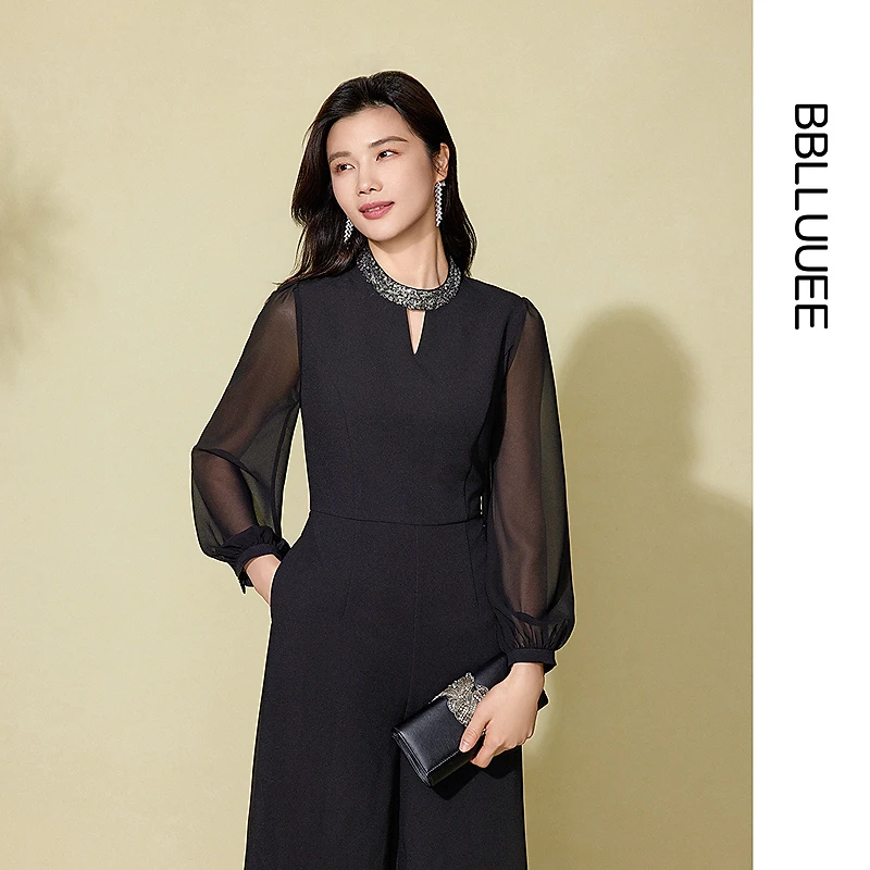 【晨晨精选】【轻奢风年会礼服】粉蓝衣橱2025春装新款珠片小立领阔腿