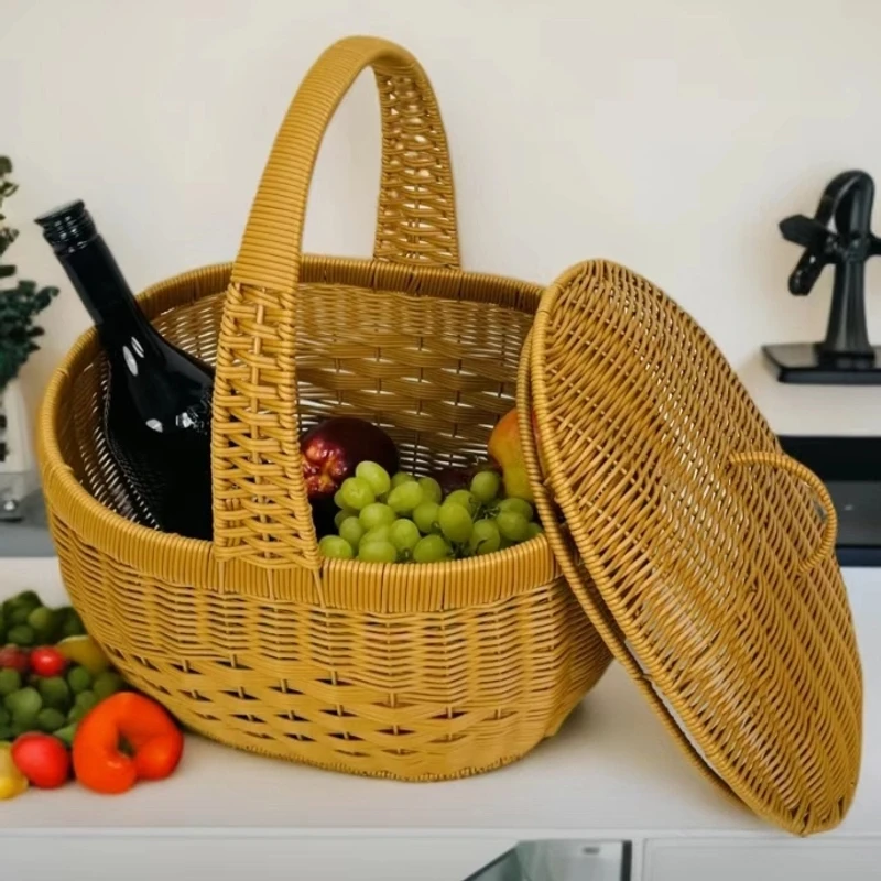 NW885带盖手提篮藤编水果篮家用收纳筐竹编菜篮子买菜35*27*18