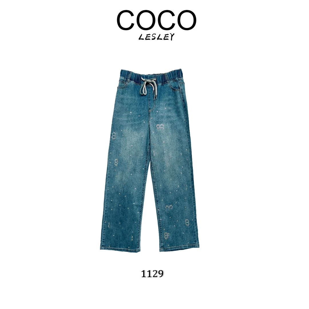 时尚气质高级烫钻牛仔裤 休闲裤直筒复古阔腿宽松学生设计师水洗