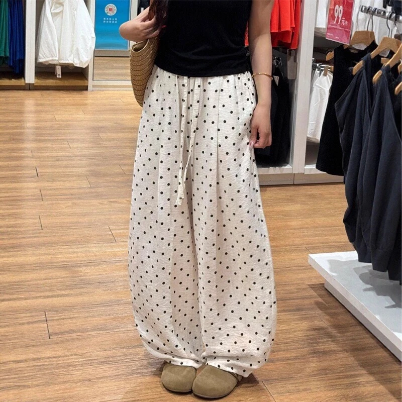 大码凉感波点阔腿裤女夏季薄款梨形身材高腰宽松遮胯显瘦休闲裤子
