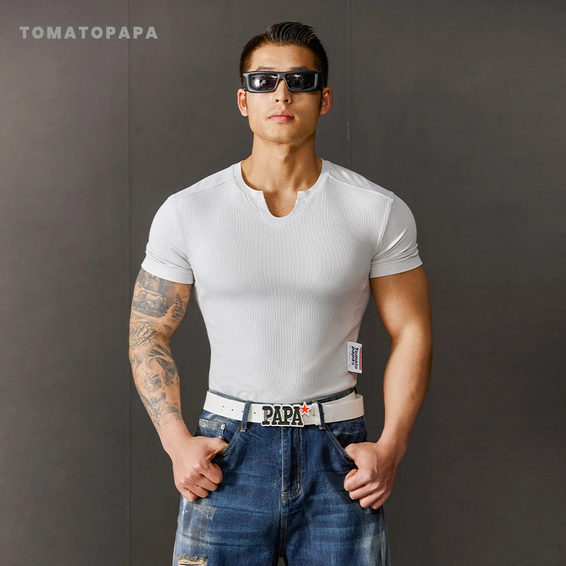 TOMATOPAPA男士小V领T恤螺纹短袖衫罗纹弹力体恤男运动紧身休闲T