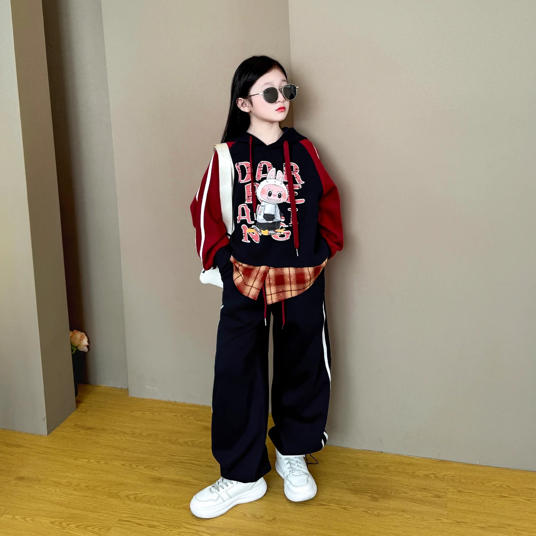 女童2025新款时尚韩版洋气春秋季宽松假两件卫衣休闲阔腿裤套装潮