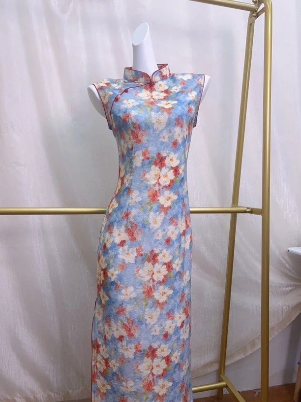 V-3099 百花微雨 丝嘛 无袖新中式夏款年轻款改良旗袍120cm长款