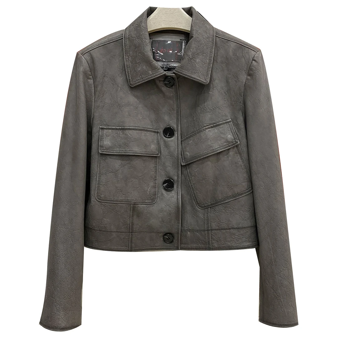 初晓2025年冬季新款女士皮衣 红色灰色绿色棕色 时尚休闲 8853