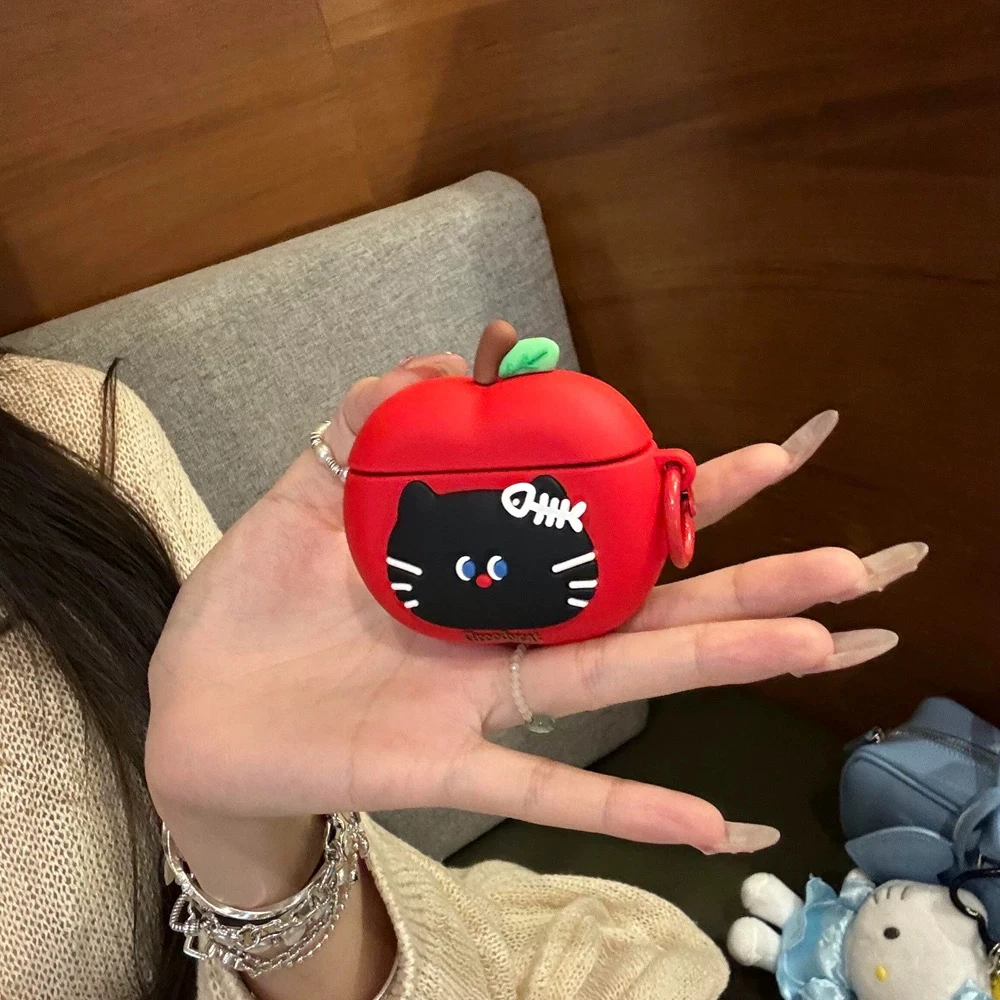 可爱红苹果黑猫咪AirPodsPro1/2苹果4代/3代无线蓝牙耳机套硅胶软