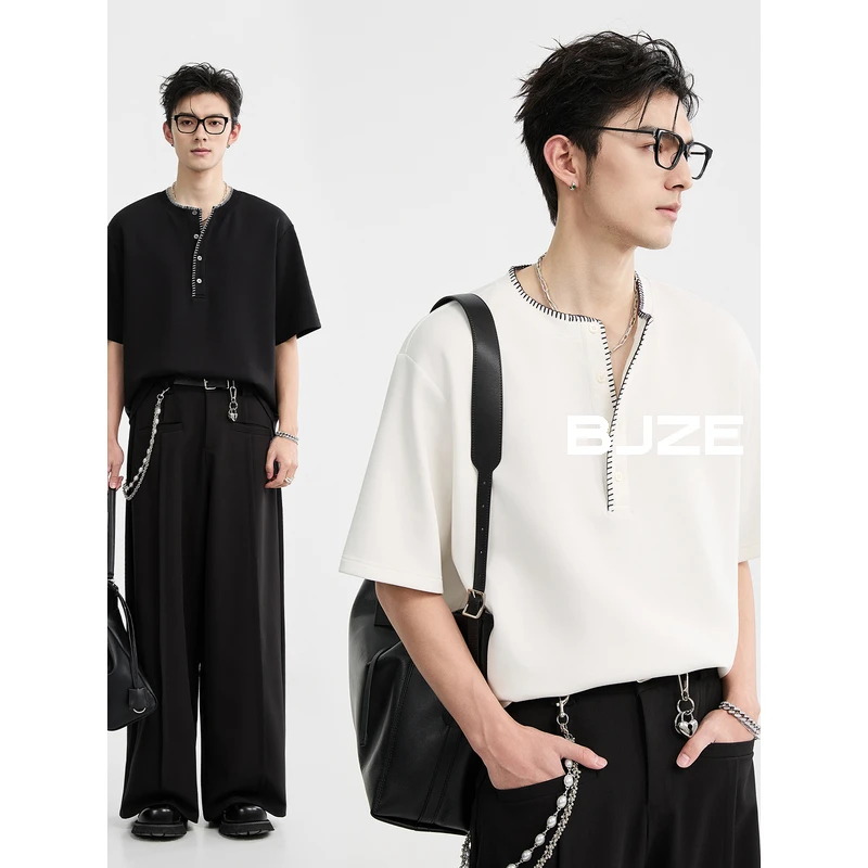 [明线设计感]BJZE夏季高级定织双面空气层圆领短袖T恤衫男T521242