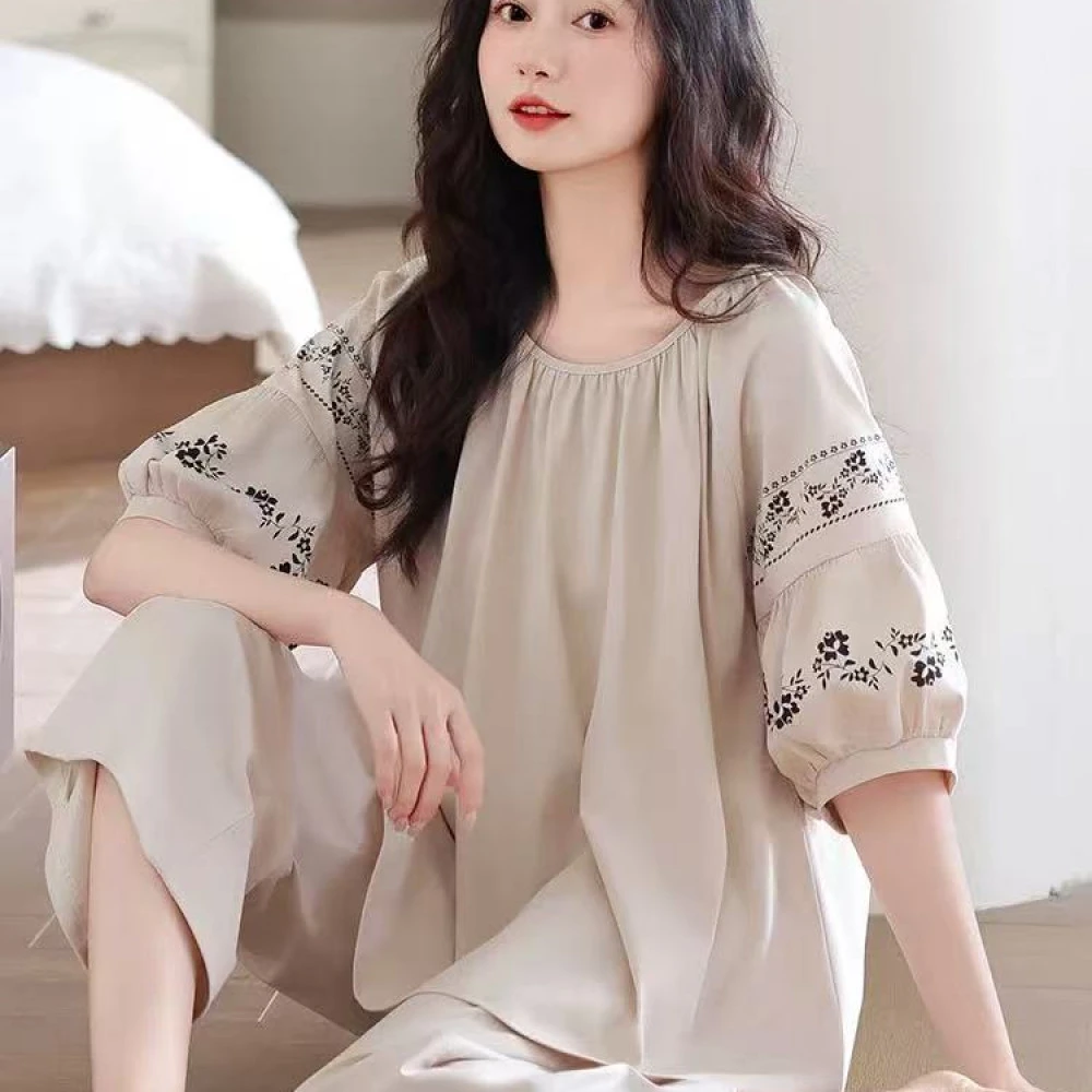睡衣女士春秋款夏季五分袖九分裤短袖薄款纯棉家居服可外穿套装