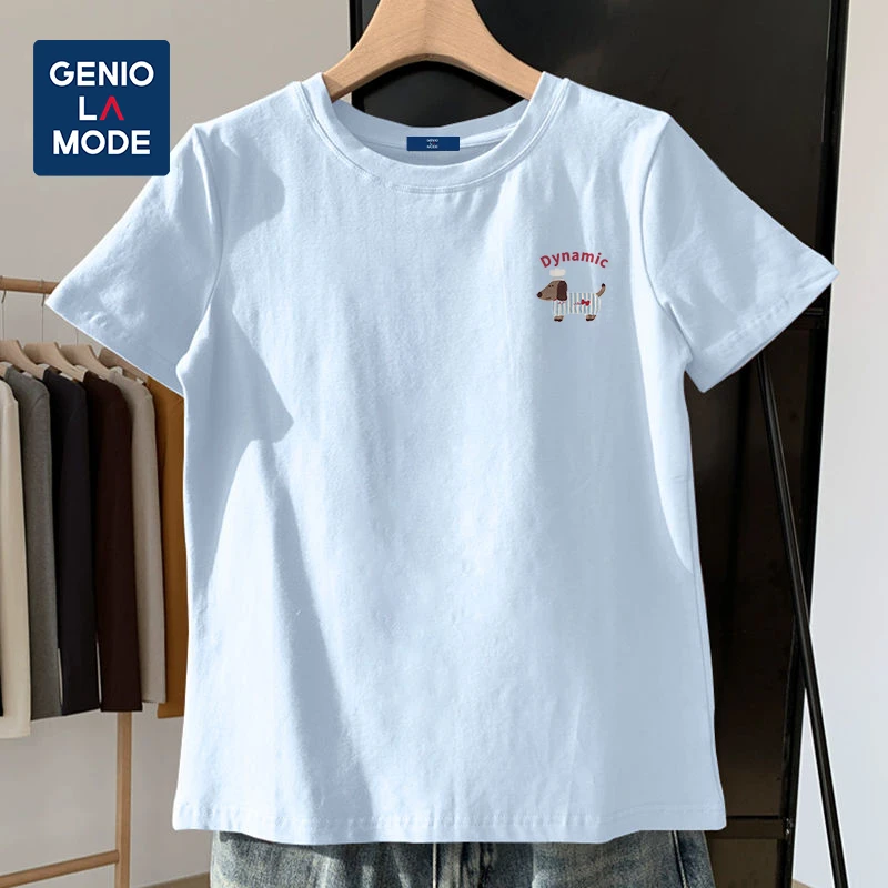 GENIOLAMODE正肩T恤女短袖夏季新款小狗印花抗菌上衣冰丝凉感体恤