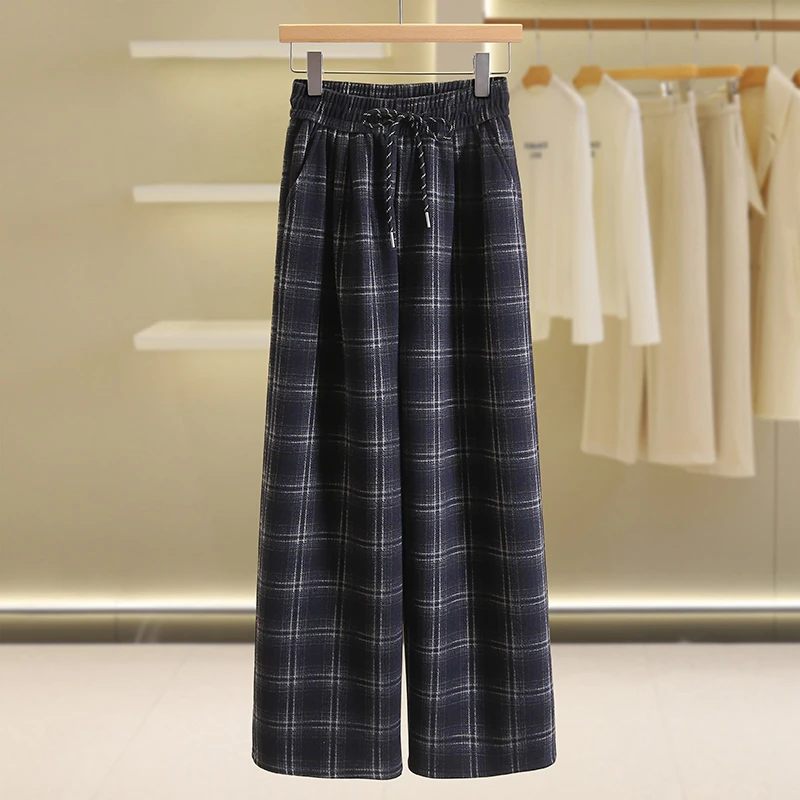 【伍莎-自营】松紧腰格子绑带直筒加绒休闲裤#UPB48K006