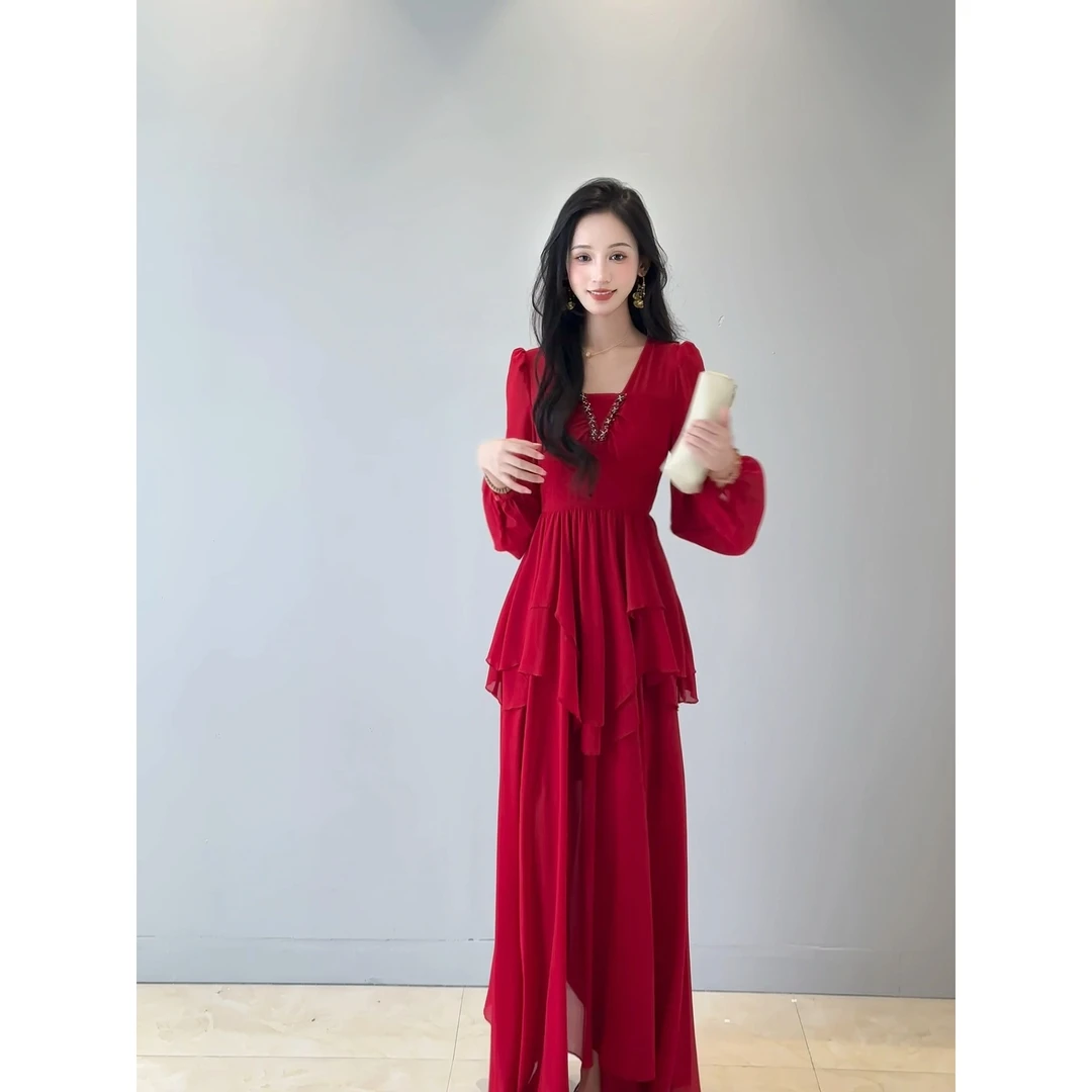 百亿【斯嘉丽】法式浪漫红色镶砖V领连衣裙修身显瘦长裙