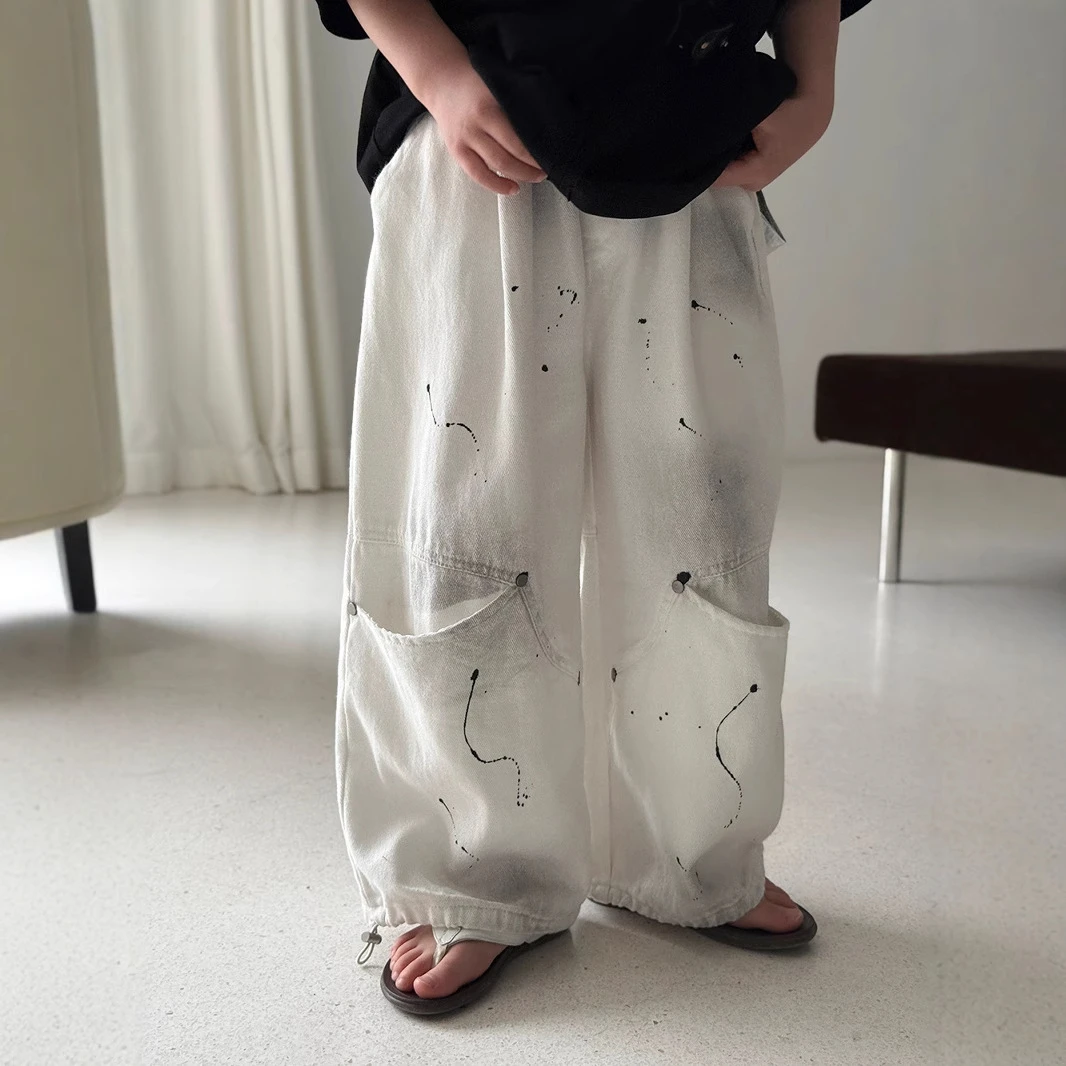 儿童设计裤春夏装2025夏季男童喷漆脏脏设计风工装裤女童宽松裤子
