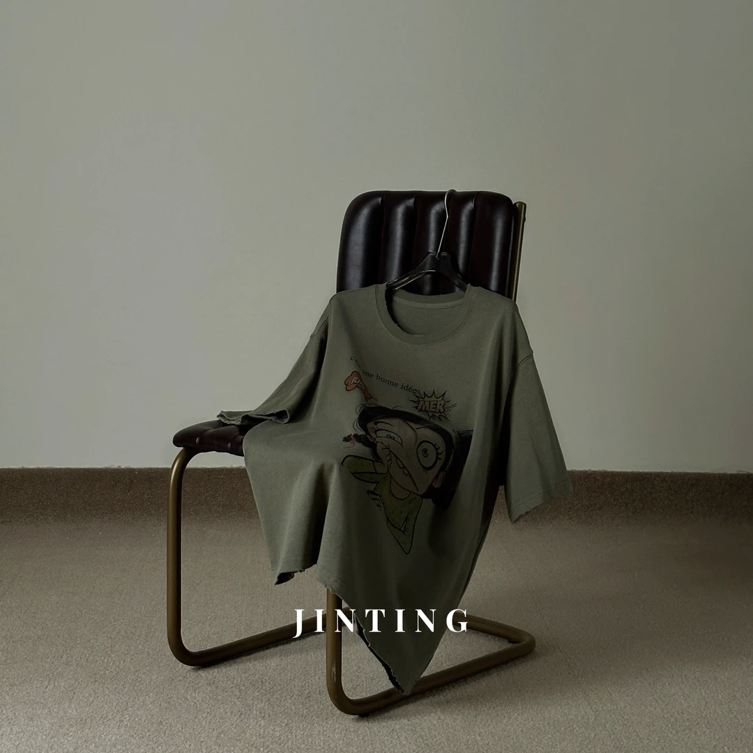 夏季韩版可爱慵懒风卡通印花复古破边大版短袖T恤-J25201342