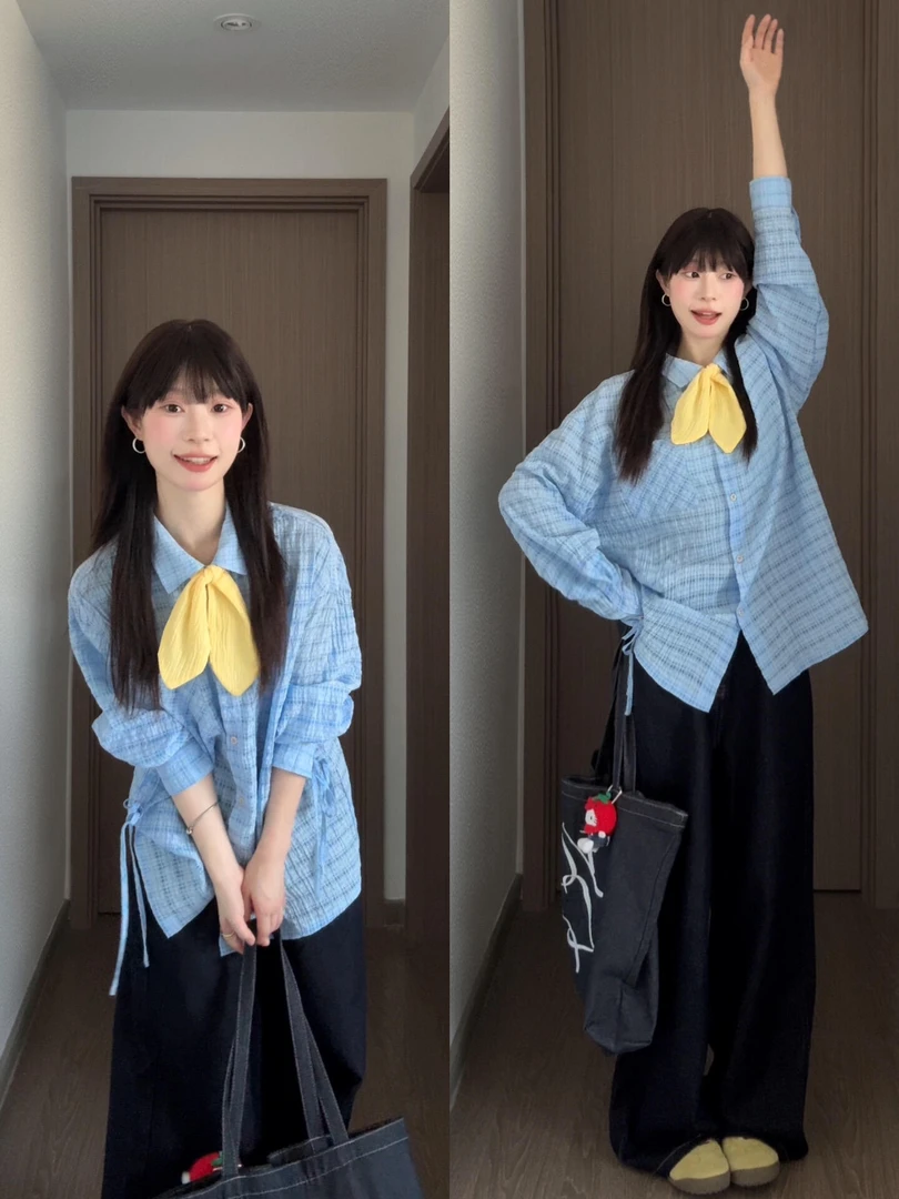 日系复古长袖衬衫女早秋格纹网纱抽绳衬衣外套宽松休闲多巴胺上衣