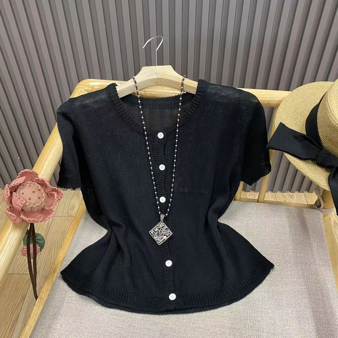 简约圆领短袖纯色针织开衫百搭文艺宽松薄款上衣女Z426