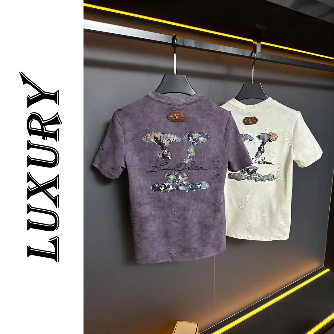 2025夏季新款男装半袖T恤时尚百搭潮流修身烧花刺绣经典款圆领