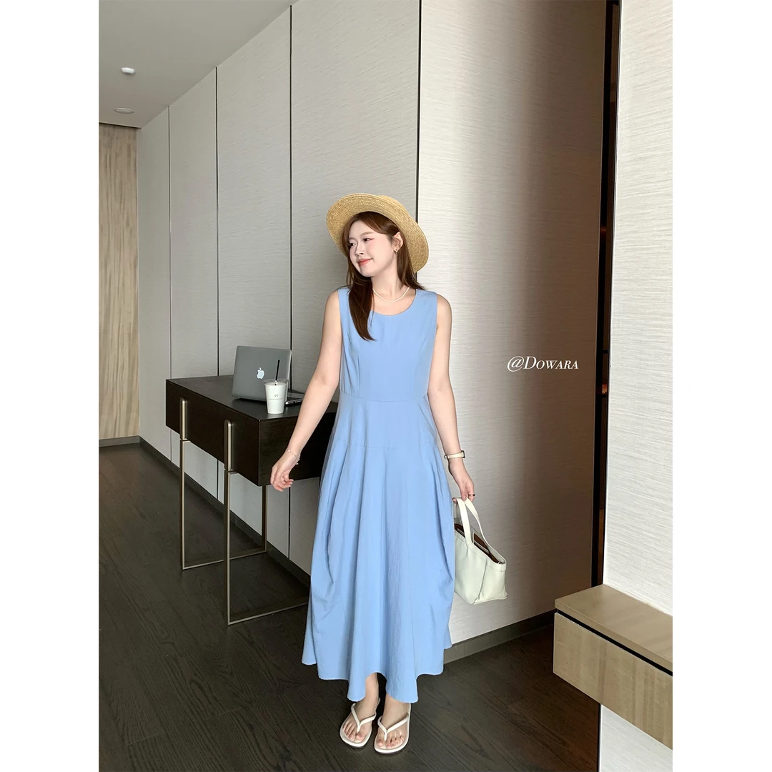 现货大婉酱微胖定制欧若风韩系显瘦蓝连衣裙无袖设计感裙子 8194D