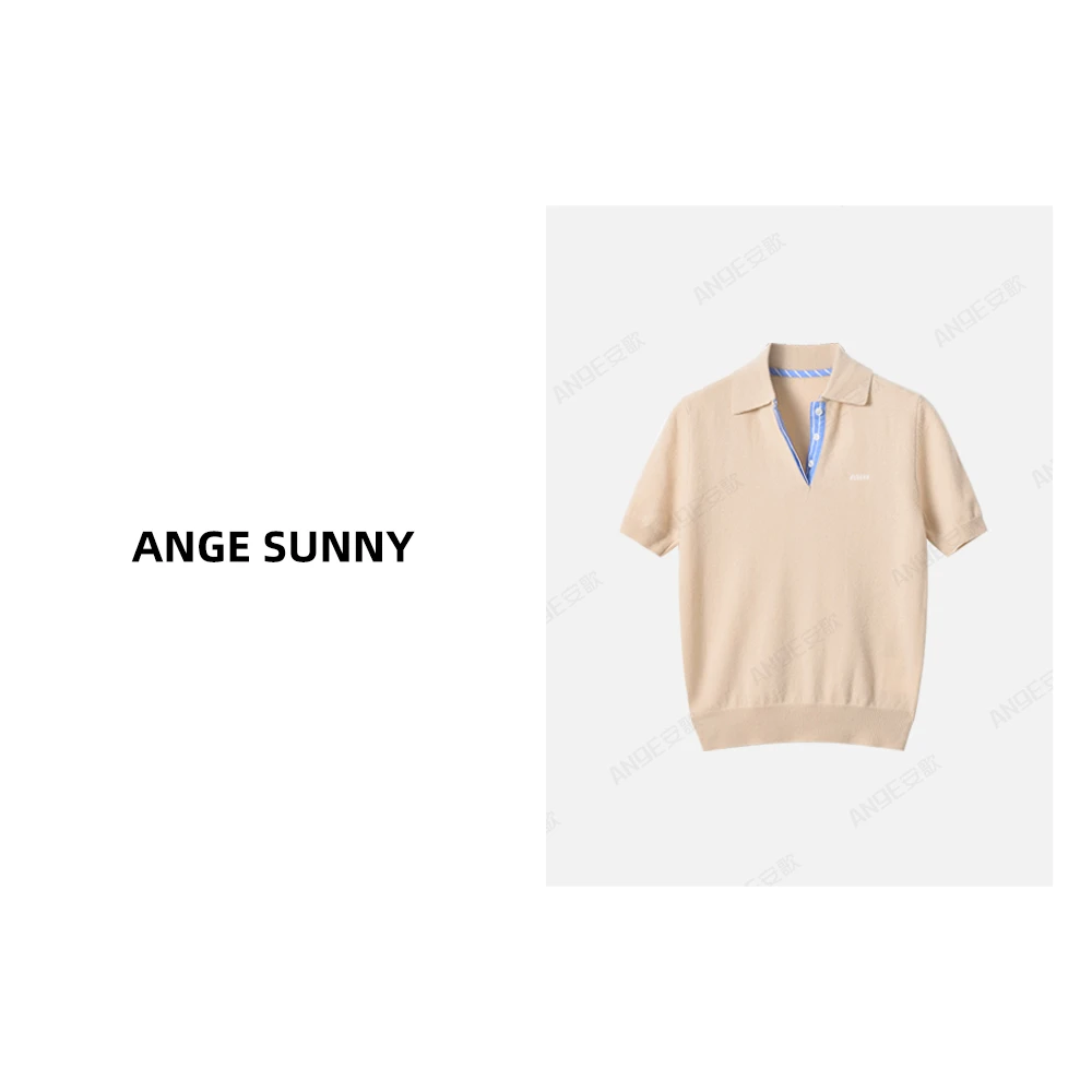 ANGE SUNNY【条纹领羊毛POLO衫】字母刺绣翻领套头针织短袖