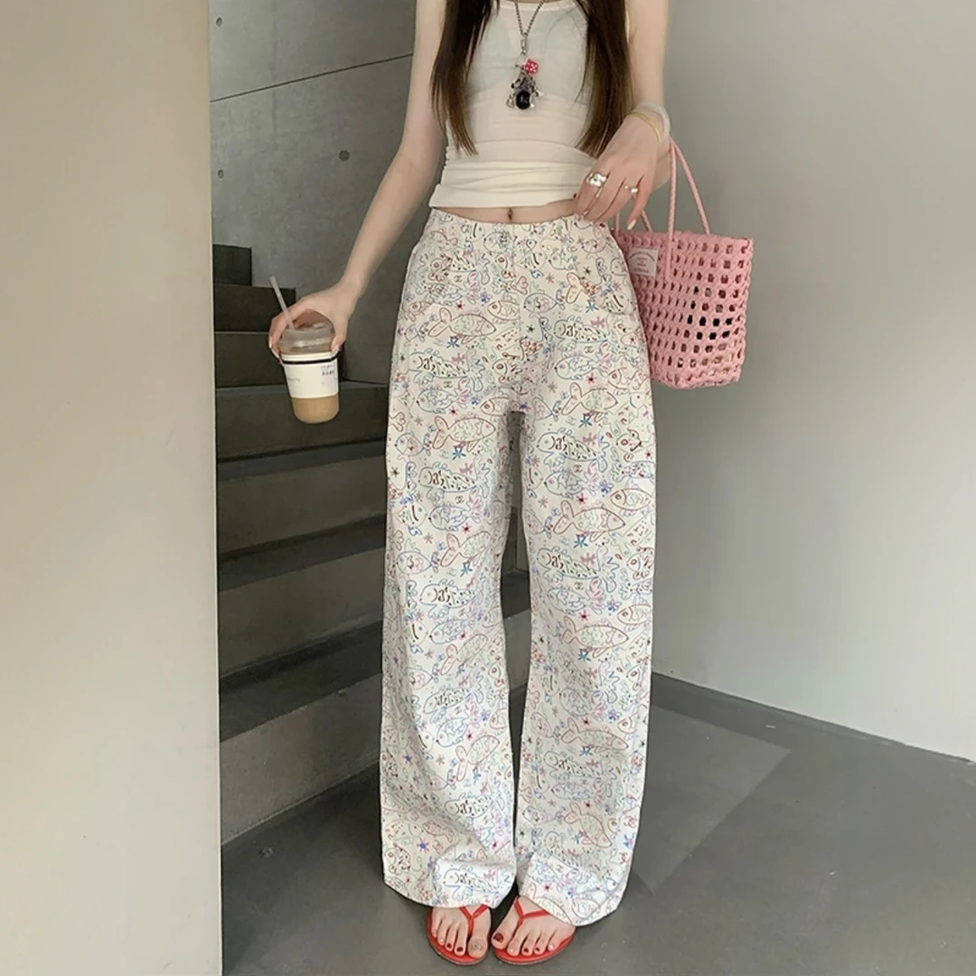 小鱼印花涂鸦牛仔裤女春季直筒宽松阔腿裤高腰显瘦米白色拖地裤