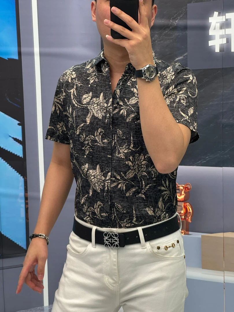 25夏季（轩诚）高含量桑蚕丝男士玫瑰印花时尚奢华高品质短袖衬衫