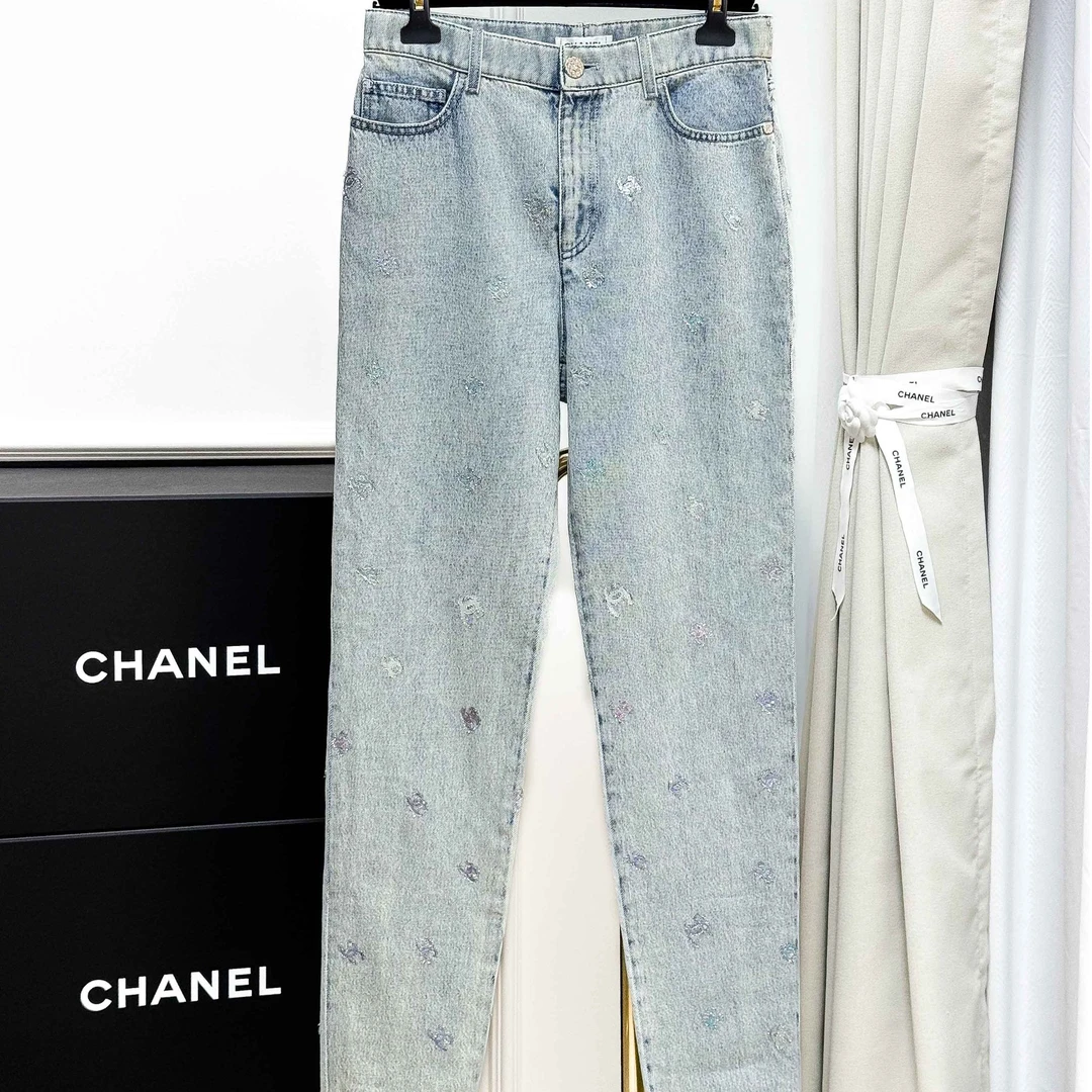99新 Chanel/香奈儿 40码21K秋冬亮片双C蓝色渐变牛仔裤