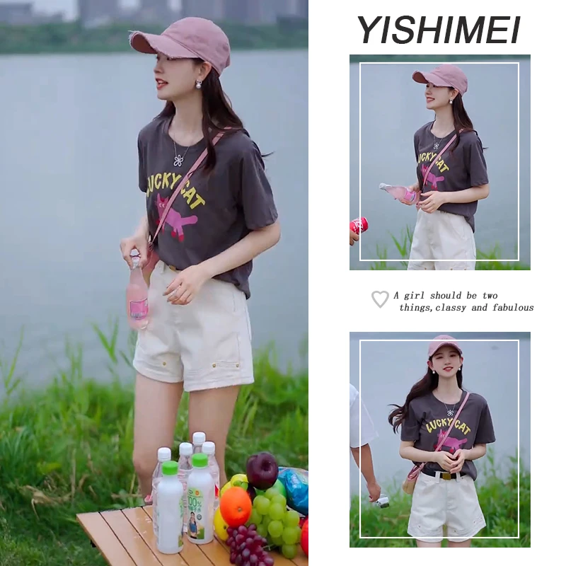 今年流行两件套2025新款韩系百搭减龄短袖t恤显瘦牛仔短裤两件套