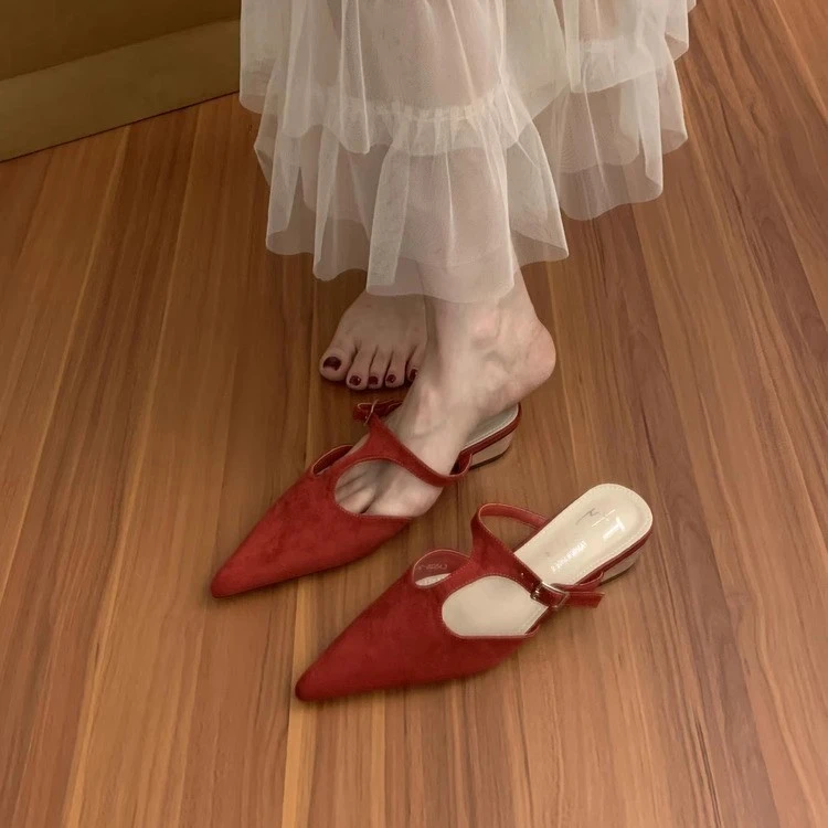 法式！法式气质小众红色尖头半拖小皮鞋女外穿2025新款春夏晚晚包