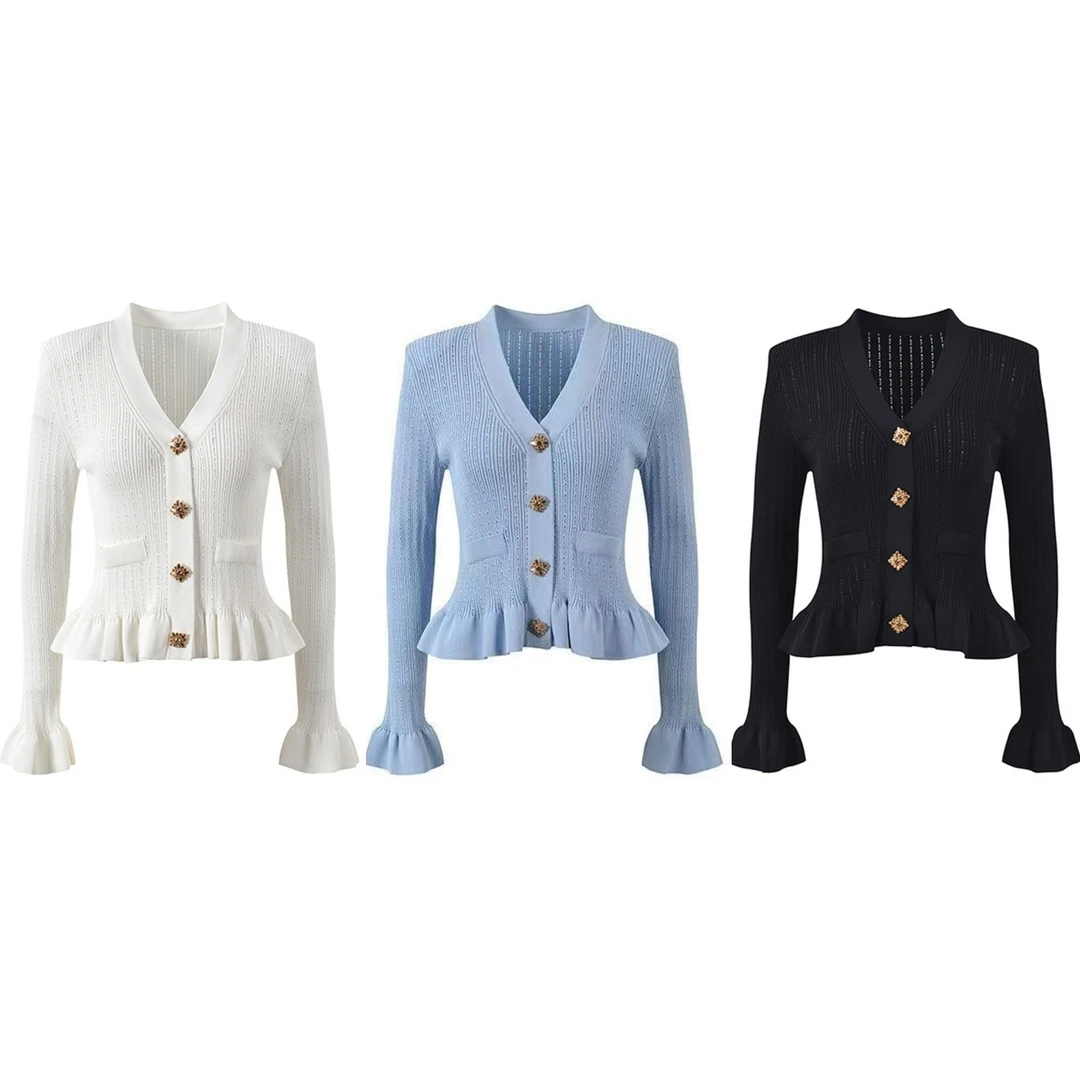 樺仔 sp高定重工名媛法式镂空V领水钻扣气质荷叶边针织上衣连衣裙